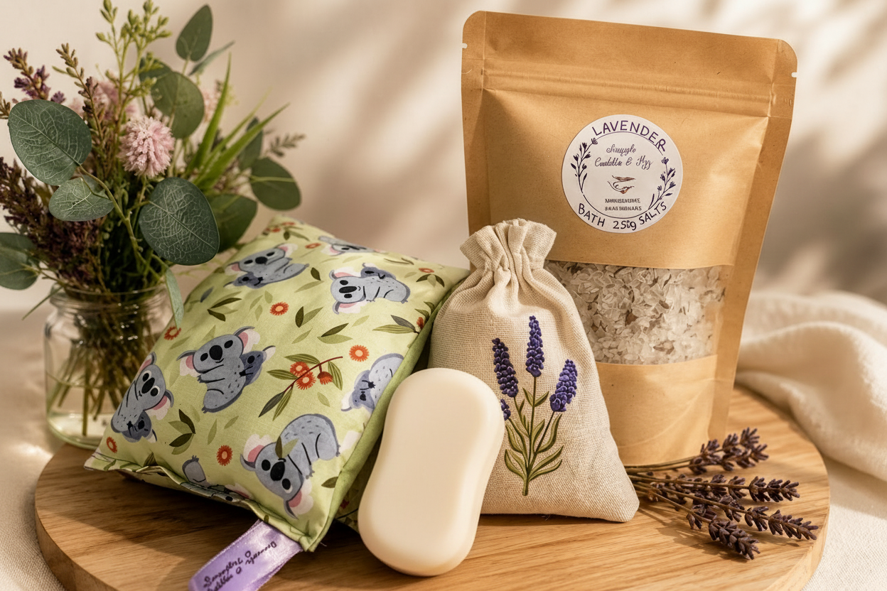 The Lavender Escape self-care bundle with koala heat pack, lavender bath salts, soap, and lavender sachet